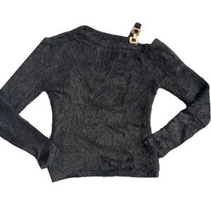 BLACK OFF THE SHOULDER LONG SLEEVE FULL LENGTH SWEATER WITH GOLD HARDWARE SMALL